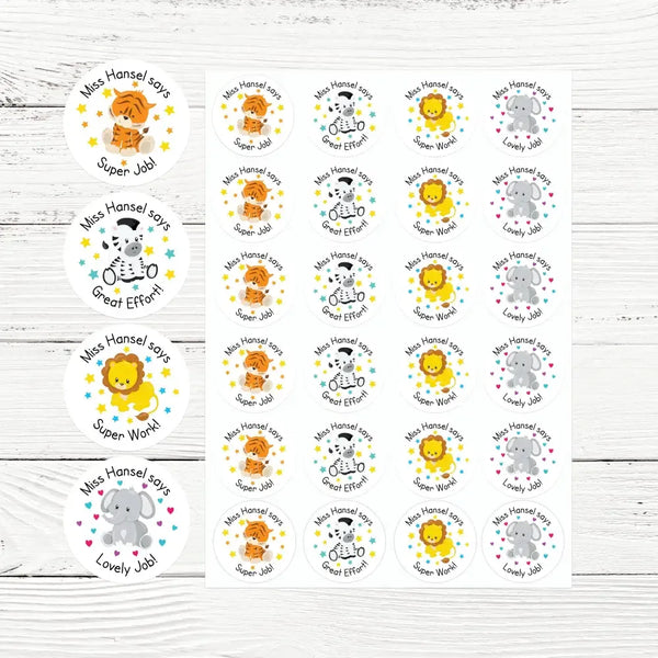 Personalised Teacher Reward Stickers Custom Name Label Jungle Animals Set - Sticksy Prints Australia