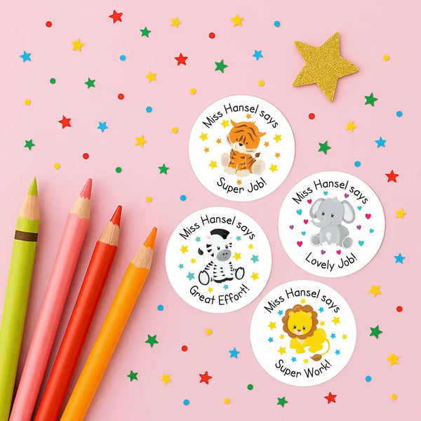 Personalised Teacher Reward Stickers Custom Name Label Jungle Animals Set
