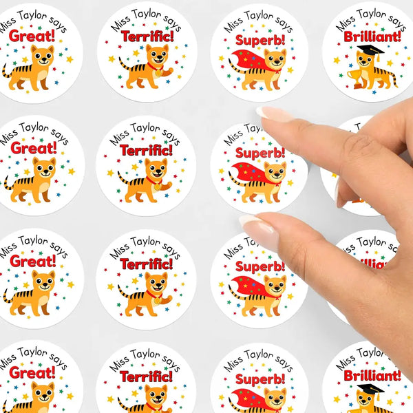 Personalised Teacher Reward Stickers Custom Name Label Tasmanian Tiger Thylacine