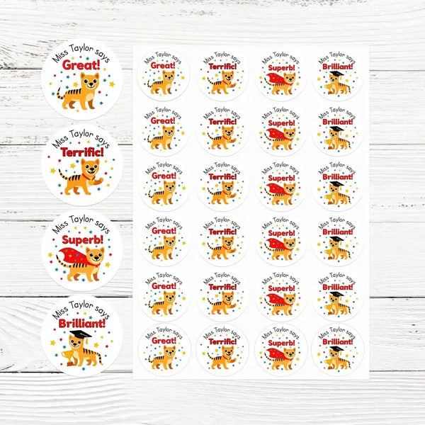 Personalised Teacher Reward Stickers Custom Name Label Tasmanian Tiger Thylacine - Sticksy Prints Australia