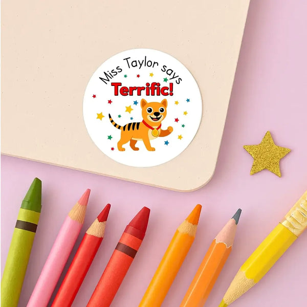 Personalised Teacher Reward Stickers Custom Name Label Tasmanian Tiger Thylacine - Sticksy Prints Australia