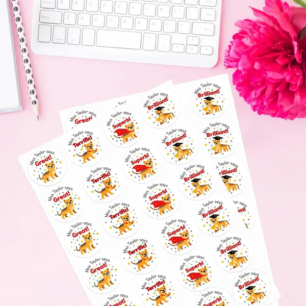 Personalised Teacher Reward Stickers Custom Name Label Tasmanian Tiger Thylacine - Sticksy Prints Australia