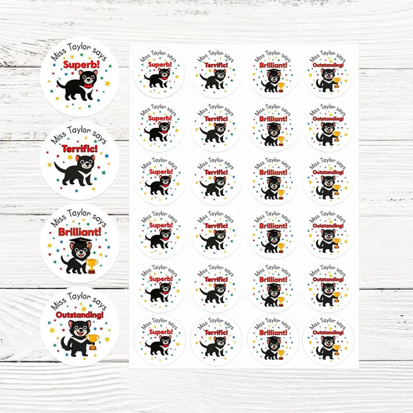 Personalised Teacher Reward Stickers Custom Name Label Tasmanian Devil - Sticksy Prints Australia