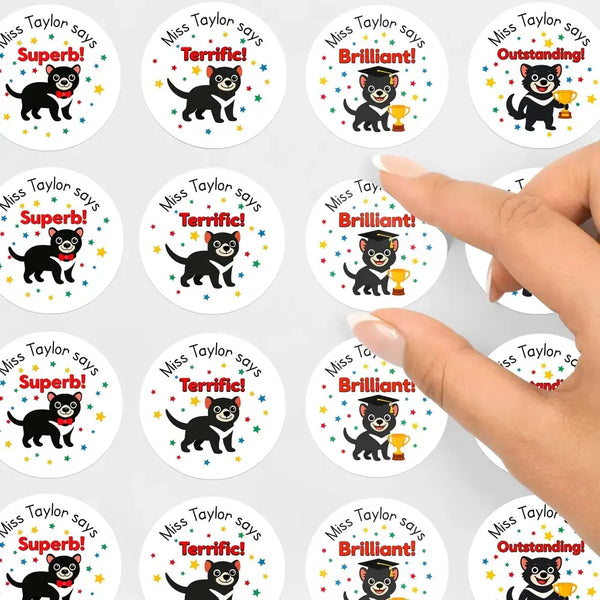 Personalised Teacher Reward Stickers Custom Name Label Tasmanian Devil - Sticksy Prints Australia
