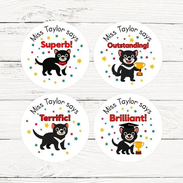 Personalised Teacher Reward Stickers Custom Name Label Tasmanian Devil - Sticksy Prints Australia