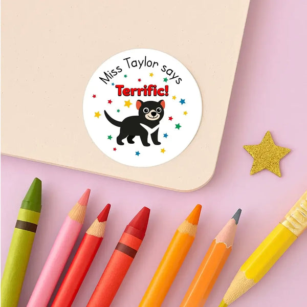 Personalised Teacher Reward Stickers Custom Name Label Tasmanian Devil - Sticksy Prints Australia