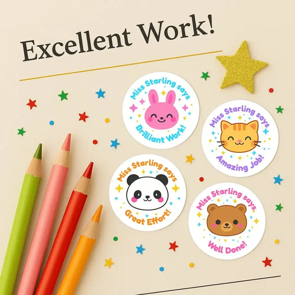 Personalised Teacher Reward Stickers – Cute Animal Classroom Praise Labels (Bunny, Cat, Panda, Bear) - Sticksy Prints Australia
