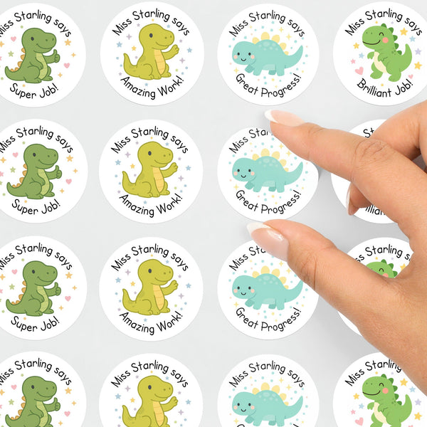 Personalised Teacher Reward Stickers – Cute Dinosaur Classroom Praise & Progress Labels