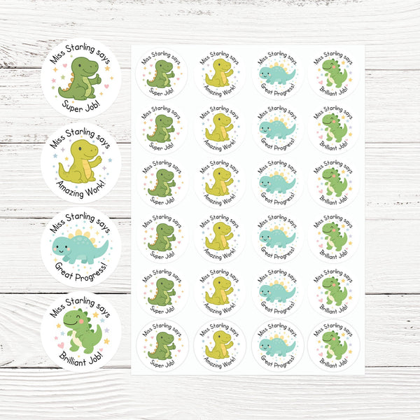 Personalised Teacher Reward Stickers – Cute Dinosaur Classroom Praise & Progress Labels