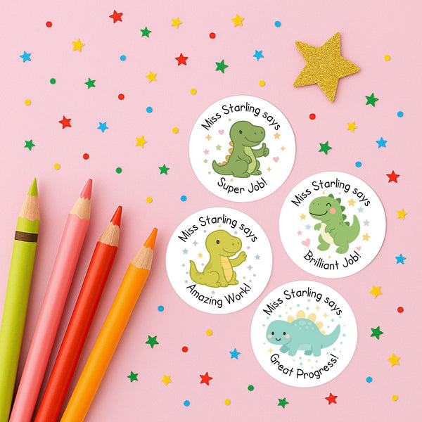 Personalised Teacher Reward Stickers – Cute Dinosaur Classroom Praise & Progress Labels