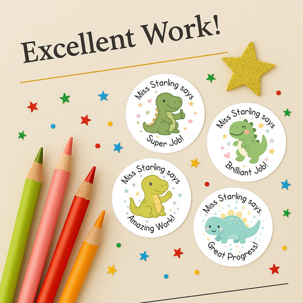 Personalised Teacher Reward Stickers – Cute Dinosaur Classroom Praise & Progress Labels
