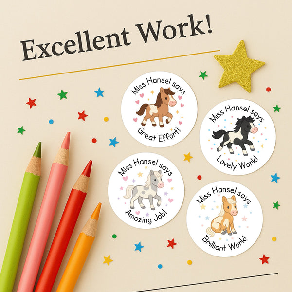 Personalised Teacher Reward Stickers – Cute Horse & Pony Classroom Praise Labels