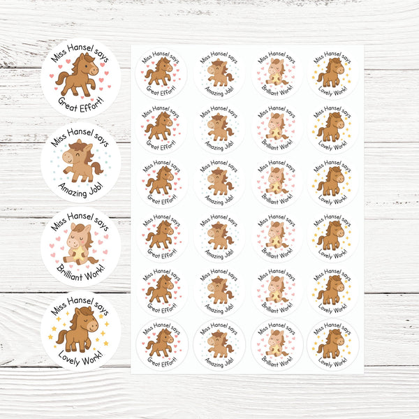Personalised Teacher Reward Stickers – Cute Pony & Horse Classroom Praise Labels