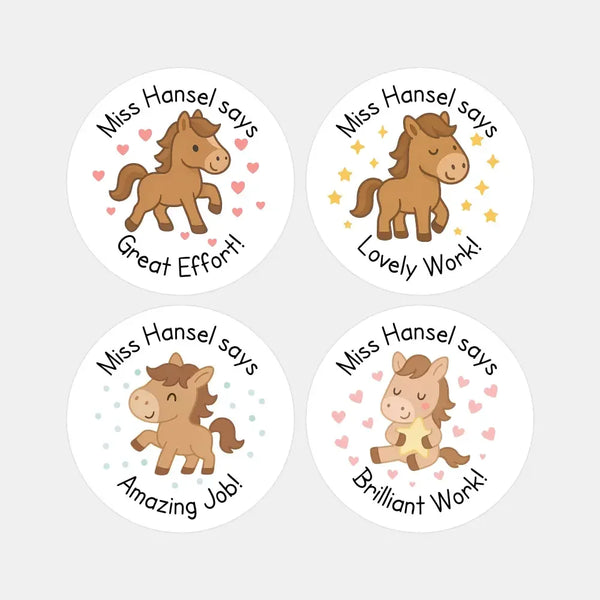Personalised Teacher Reward Stickers – Cute Pony & Horse Classroom Praise Labels - Sticksy Prints Australia