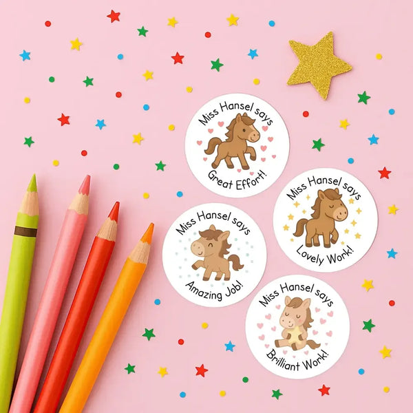 Personalised Teacher Reward Stickers – Cute Pony & Horse Classroom Praise Labels - Sticksy Prints Australia