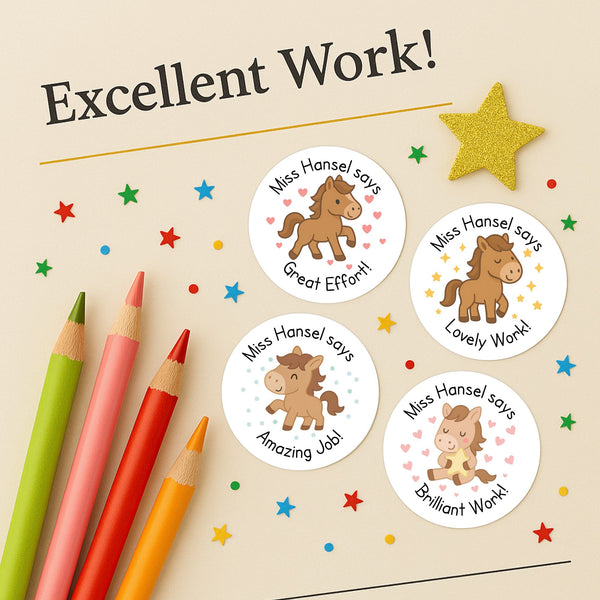 Personalised Teacher Reward Stickers – Cute Pony & Horse Classroom Praise Labels