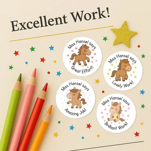 Personalised Teacher Reward Stickers – Cute Pony & Horse Classroom Praise Labels - Sticksy Prints Australia