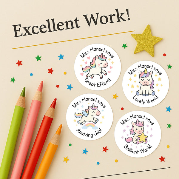 Personalised Teacher Reward Stickers – Cute Unicorn Classroom Praise & Motivation Labels