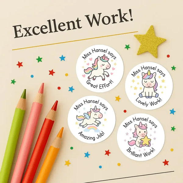 Personalised Teacher Reward Stickers – Cute Unicorn Classroom Praise & Motivation Labels - Sticksy Prints Australia