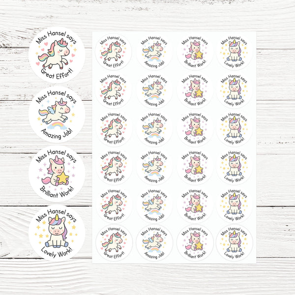 Personalised Teacher Reward Stickers – Cute Unicorn Classroom Praise & Motivation Labels