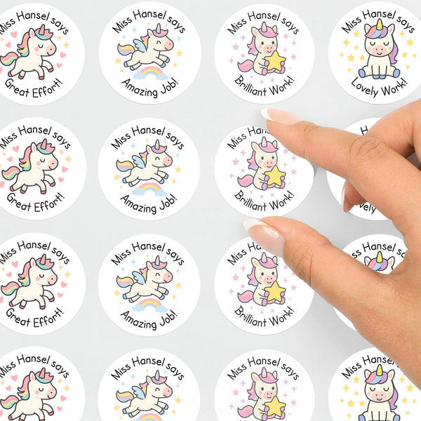 Personalised Teacher Reward Stickers – Cute Unicorn Classroom Praise & Motivation Labels