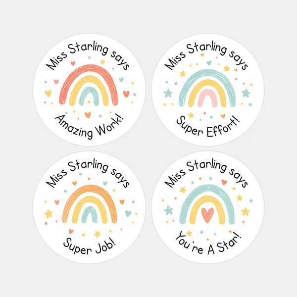 Personalised Teacher Reward Stickers – Hand-Drawn Pastel Rainbow Classroom Praise Labels