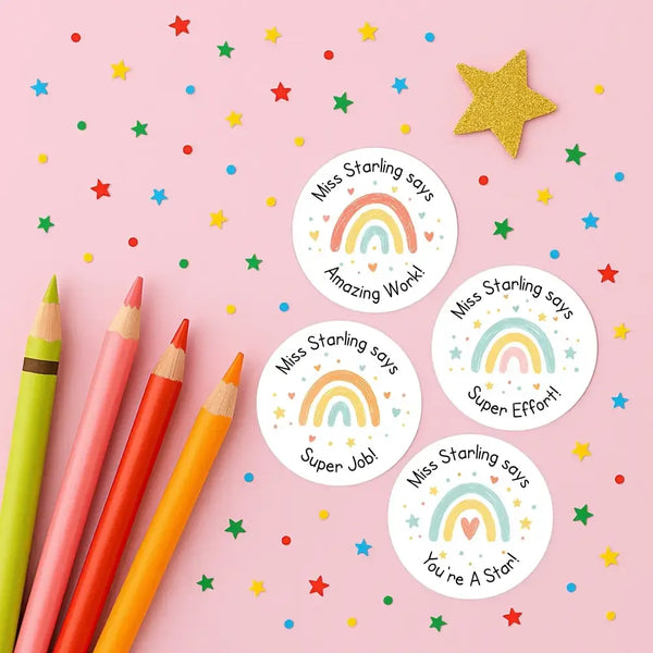 Personalised Teacher Reward Stickers – Hand-Drawn Pastel Rainbow Classroom Praise Labels - Sticksy Prints Australia