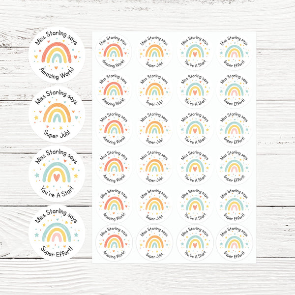 Personalised Teacher Reward Stickers – Hand-Drawn Pastel Rainbow Classroom Praise Labels