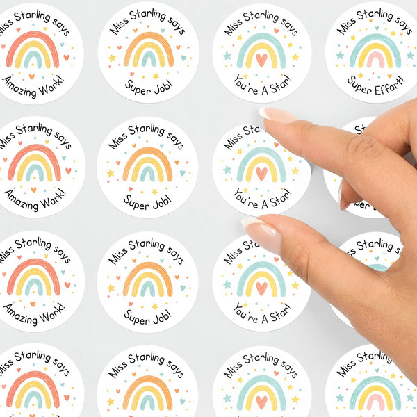 Personalised Teacher Reward Stickers – Hand-Drawn Pastel Rainbow Classroom Praise Labels