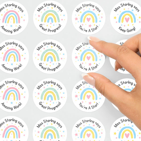 Personalised Teacher Reward Stickers – Pastel Rainbow Classroom Progress & Praise Labels