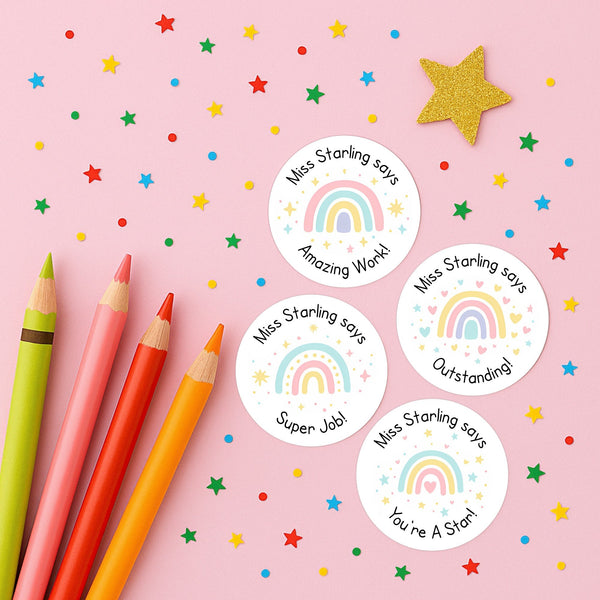Personalised Teacher Reward Stickers – Pastel Rainbow Classroom Praise Labels Pack