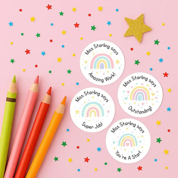 Personalised Teacher Reward Stickers – Pastel Rainbow Classroom Praise Labels Pack - Sticksy Prints Australia