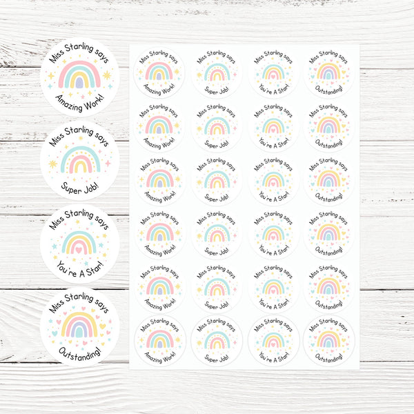 Personalised Teacher Reward Stickers – Pastel Rainbow Classroom Praise Labels Pack