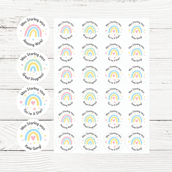 Personalised Teacher Reward Stickers – Pastel Rainbow Classroom Progress & Praise Labels