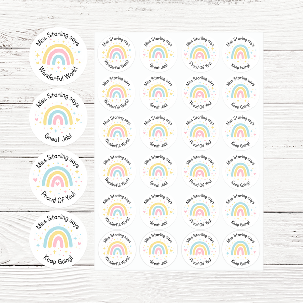Personalised Teacher Reward Stickers – Pastel Rainbow Positive Classroom Labels