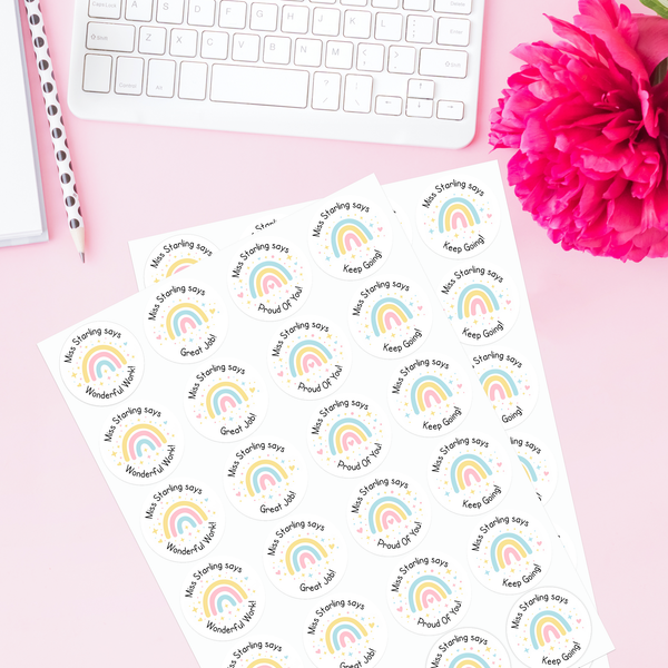 Personalised Teacher Reward Stickers – Pastel Rainbow Positive Classroom Labels