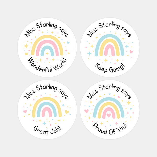 Personalised Teacher Reward Stickers – Pastel Rainbow Positive Classroom Labels