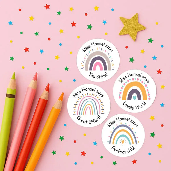 Personalised Teacher Reward Stickers Pastel Rainbow Set - Sticksy Prints Australia