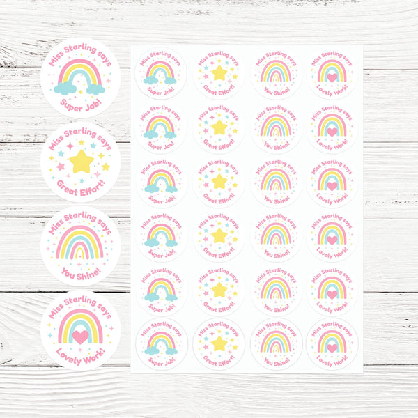Personalised Teacher Reward Stickers – Pastel Rainbow & Star Classroom Motivation Labels