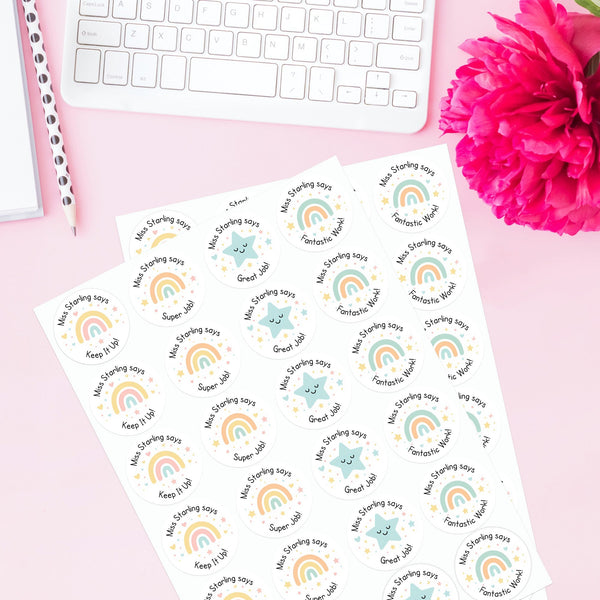 Personalised Teacher Reward Stickers – Pastel Rainbow & Star Classroom Praise Labels Set