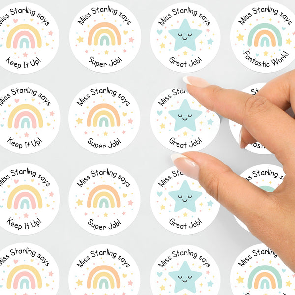 Personalised Teacher Reward Stickers – Pastel Rainbow & Star Classroom Praise Labels Set