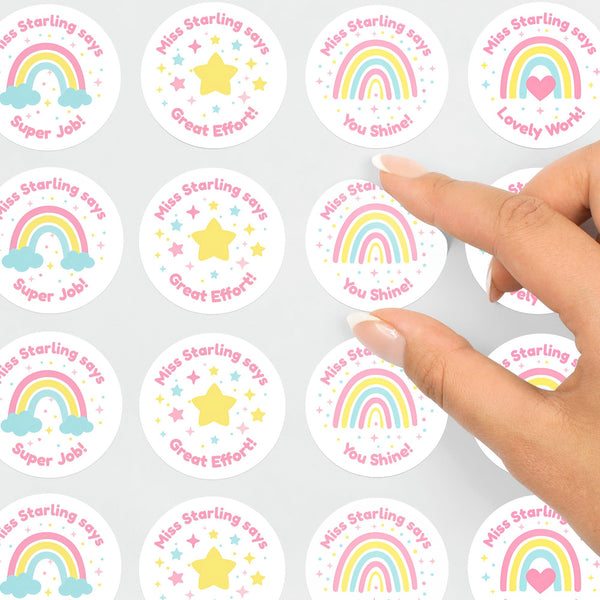 Personalised Teacher Reward Stickers – Pastel Rainbow & Star Classroom Motivation Labels