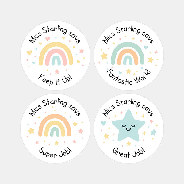 Personalised Teacher Reward Stickers – Pastel Rainbow & Star Classroom Praise Labels Set