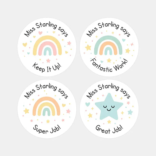 Personalised Teacher Reward Stickers – Pastel Rainbow & Star Classroom Praise Labels Set - Sticksy Prints Australia