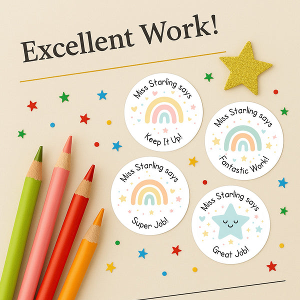 Personalised Teacher Reward Stickers – Pastel Rainbow & Star Classroom Praise Labels Set