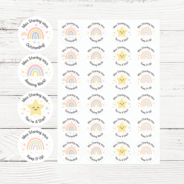 Personalised Teacher Reward Stickers – Pastel Rainbow & Star Classroom Praise Labels