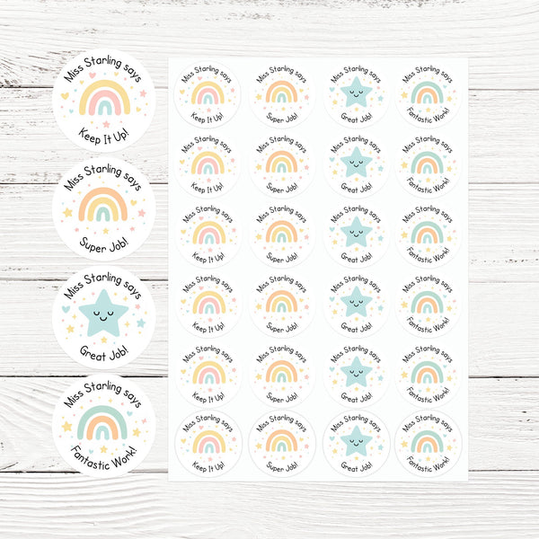 Personalised Teacher Reward Stickers – Pastel Rainbow & Star Classroom Praise Labels Set