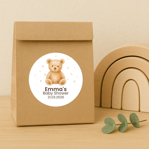 Personalised Teddy Bear Baby Shower Stickers – Neutral Beige Watercolour Favour Labels
