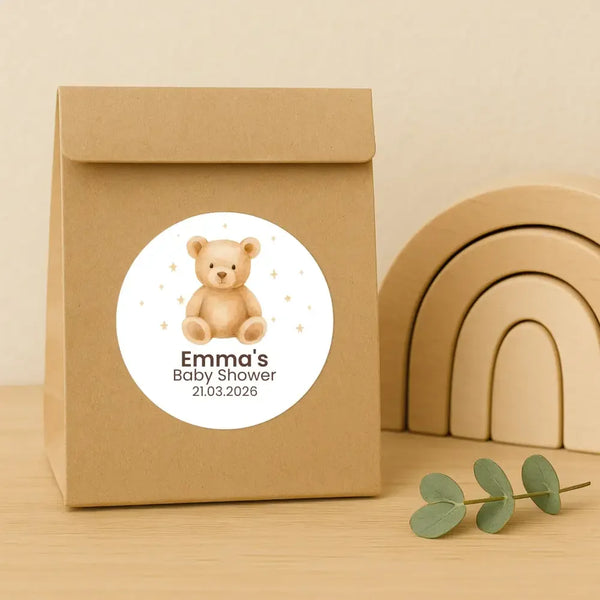 Personalised Teddy Bear Baby Shower Stickers – Neutral Beige Watercolour Favour Labels - Sticksy Prints Australia