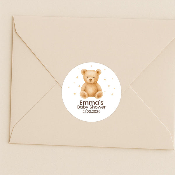 Personalised Teddy Bear Baby Shower Stickers – Neutral Beige Watercolour Favour Labels